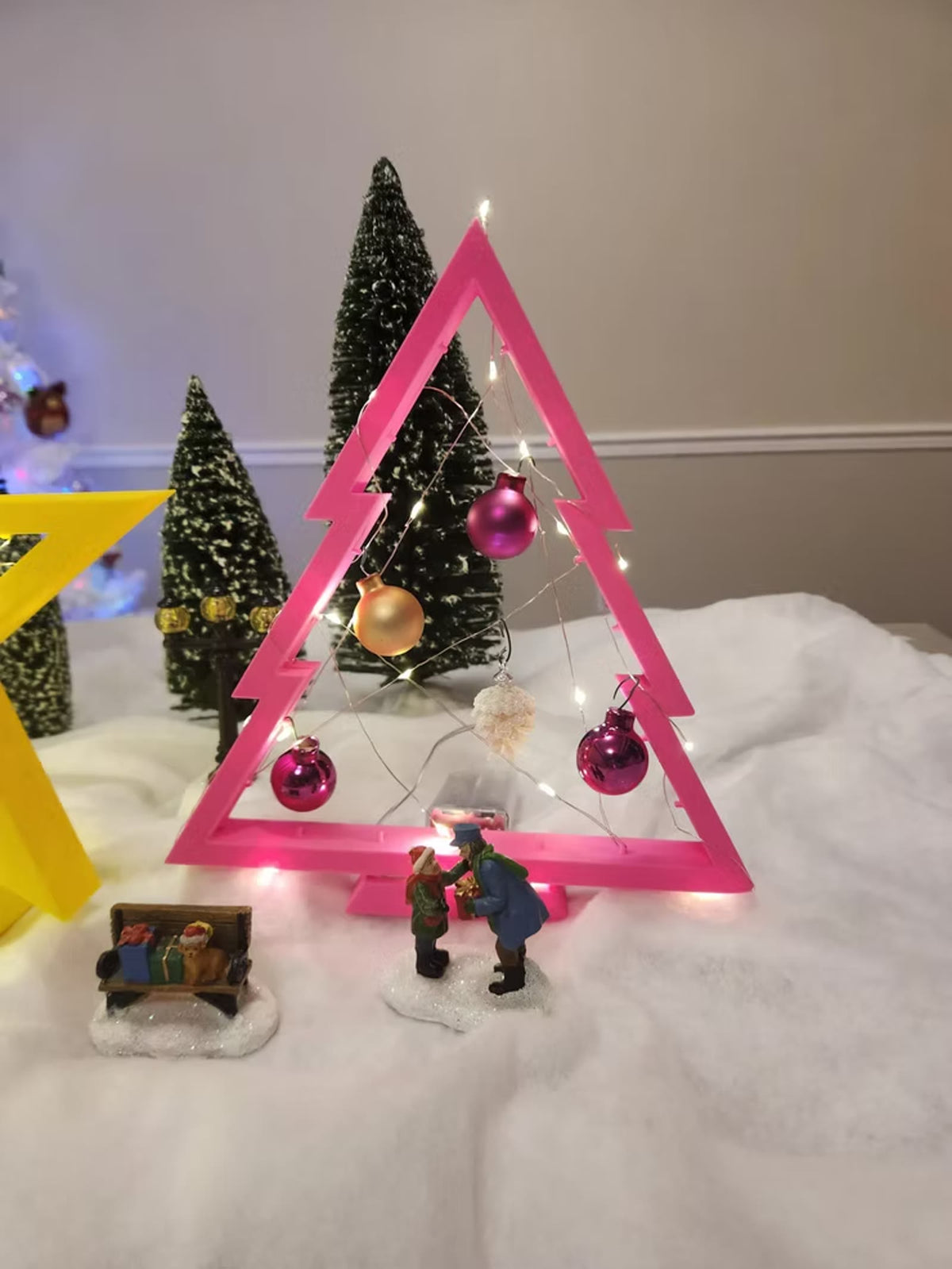 Pink Christmas tree frame with fairy lights