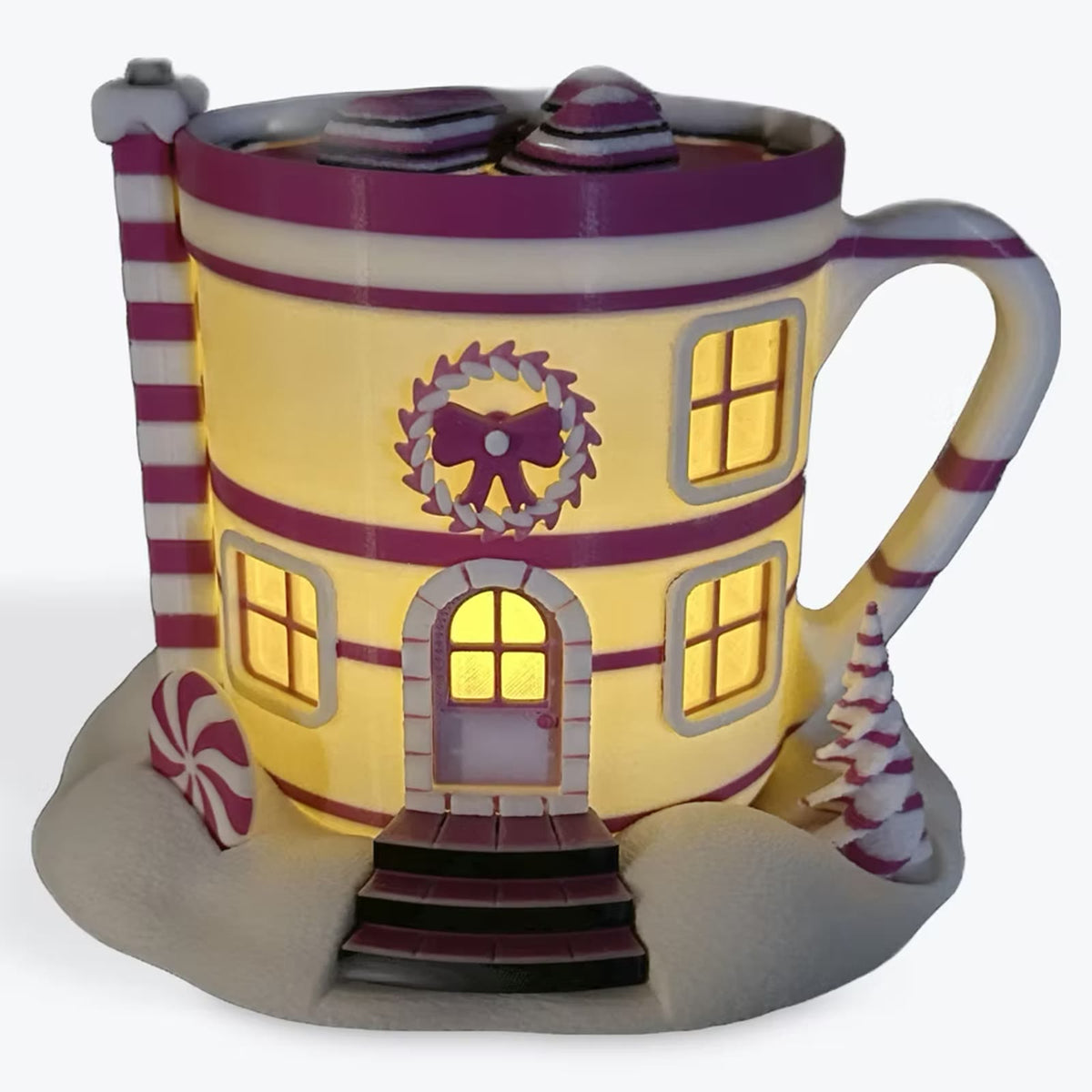 Pink cocoa cottage lantern lit from inside