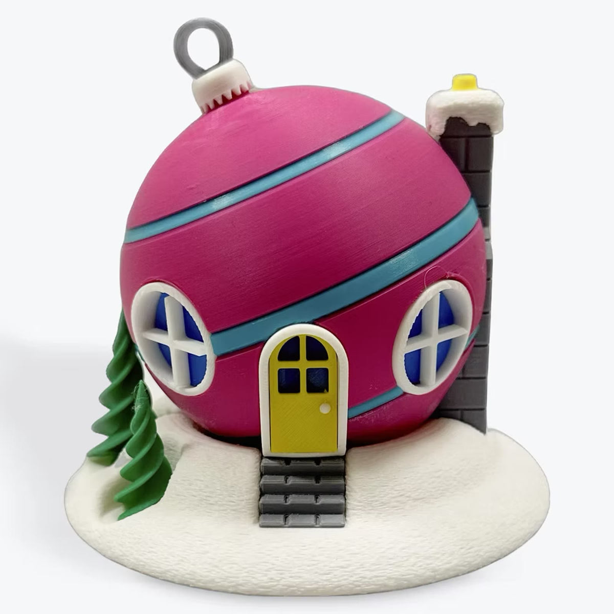 Pink bauble cottage with a yellow door