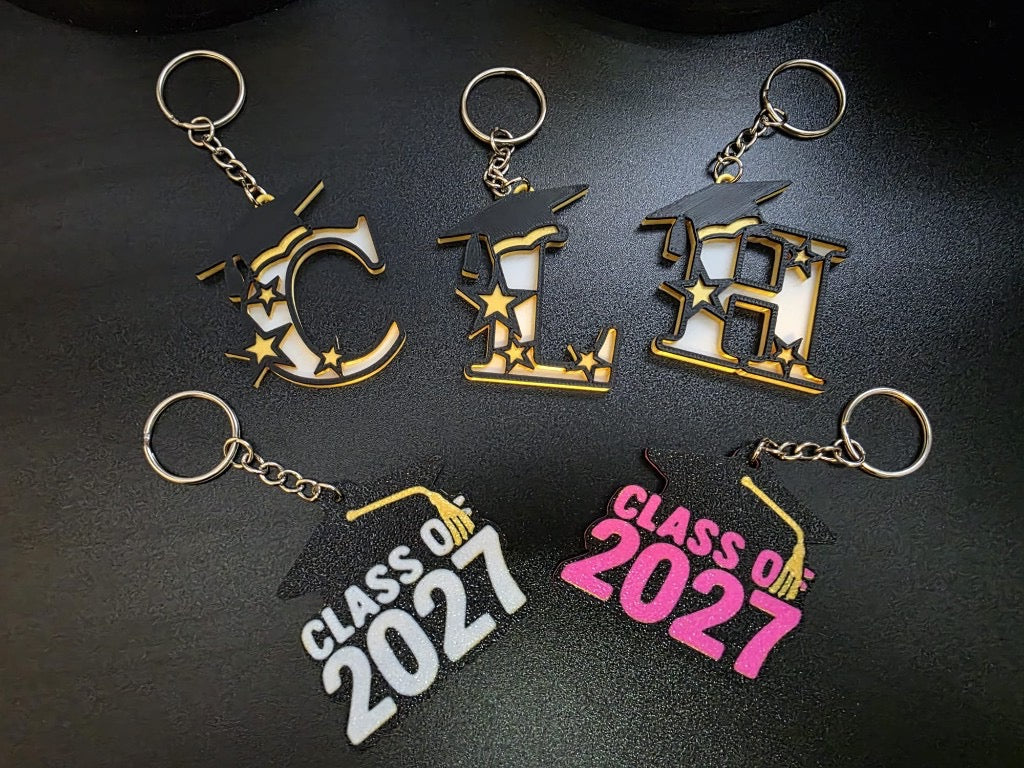 Graduation letter keychains and Class of 2027 cap keychains