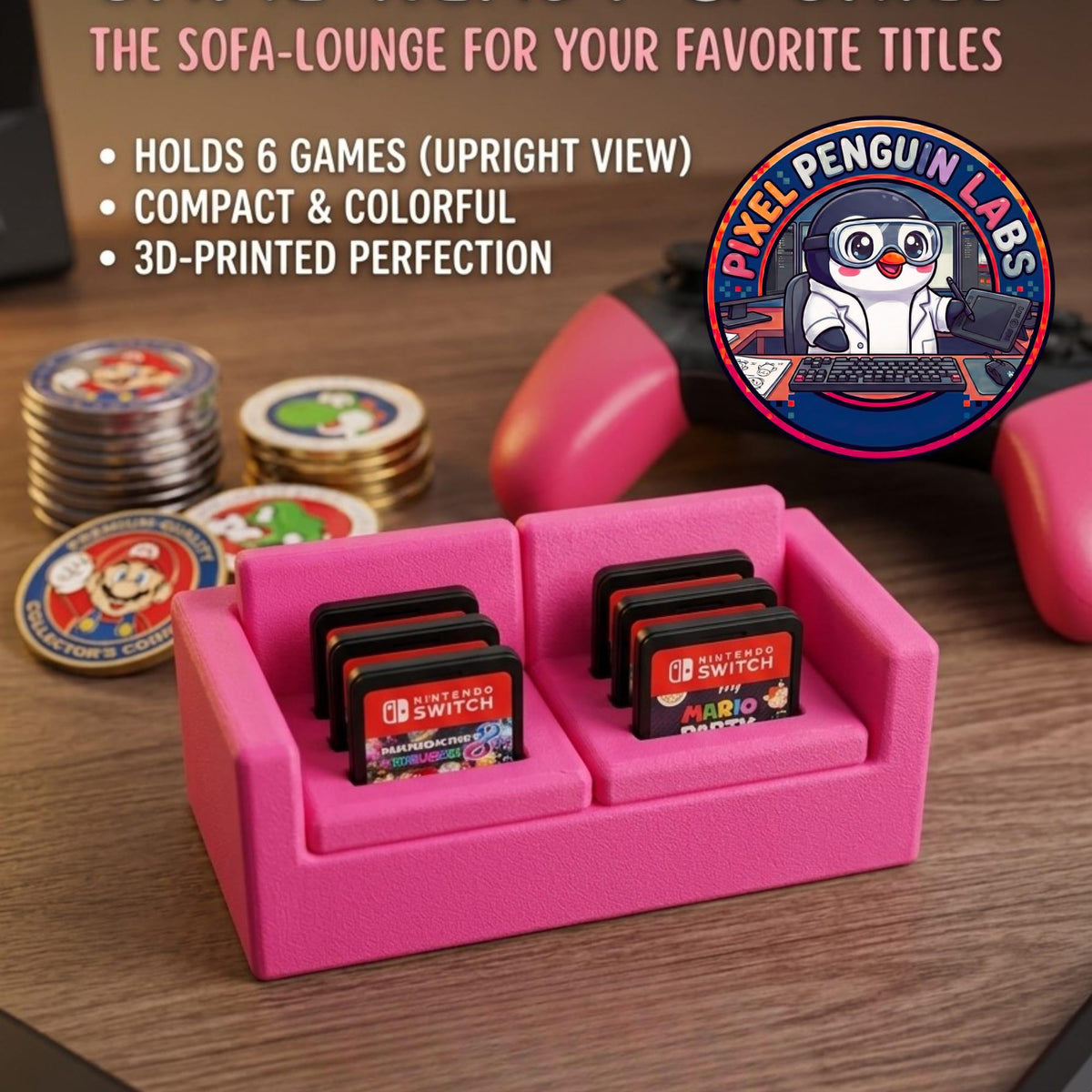 3D Printed Miniature Couch Switch Game Holder - 6 Cartridge Display Organizer