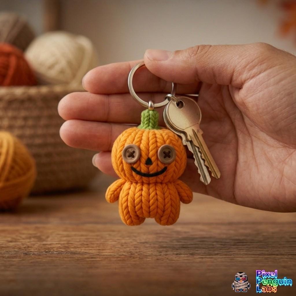 Knitted Pumpkin Keychain, 3D Printed Halloween Charm, Cute Autumn Bag Buddy