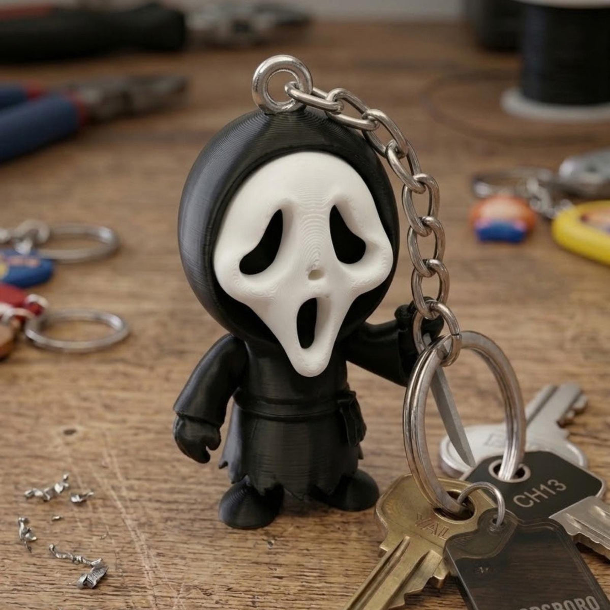 Ghost Mask Slasher Keychain, 3D Printed Halloween Charm, Cute Autumn Bag Buddy