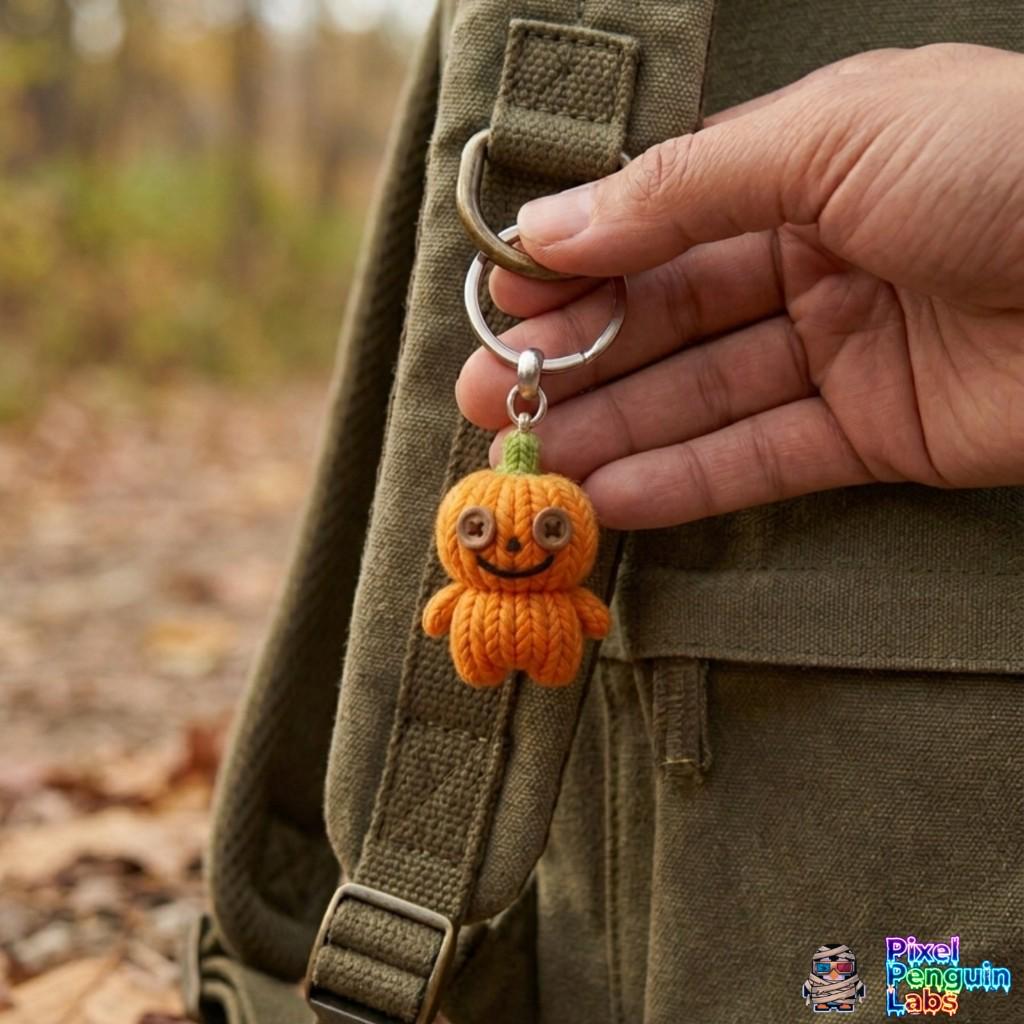 Knitted Pumpkin Keychain, 3D Printed Halloween Charm, Cute Autumn Bag Buddy