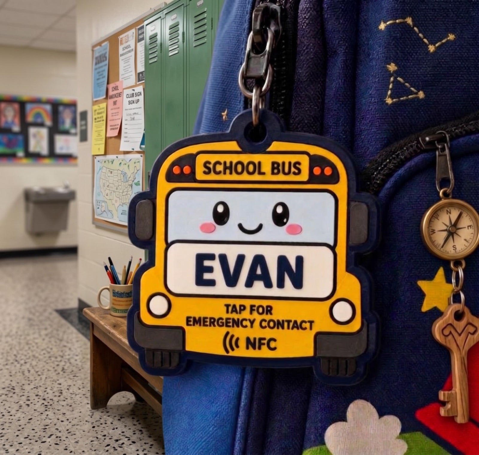 School bus RFID tag with a name and tap-for-emergency-contact scan